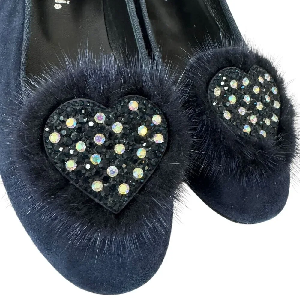 Missouri Italian Shoes Suede Leather Flats Fur Heart Embellished Navy EU34 US3.5